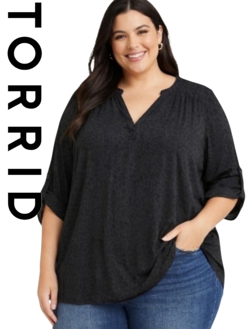 Torrid Black On Black Leopard Print Lightweight Blouse Roll Tab 3/4 Sleeve